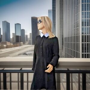 Coach Women Size 8 Black Button Up Flare Shirt Dress Removable Collar Black